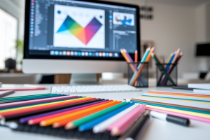 espace-travail-ecran-ordinateur-crayons-carnets