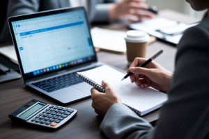 bureau-ordinateur-personne-dos-bloc-notes