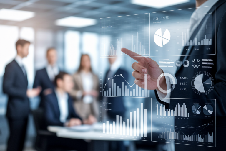 equipe-bureau-personne-debout-ecran-graphique