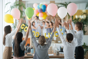 groupe-collegues-bureau-ballons-banderole