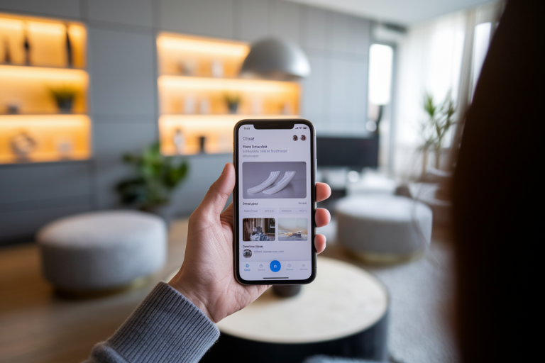 personne-smartphone-ecran-flou-salon-moderne