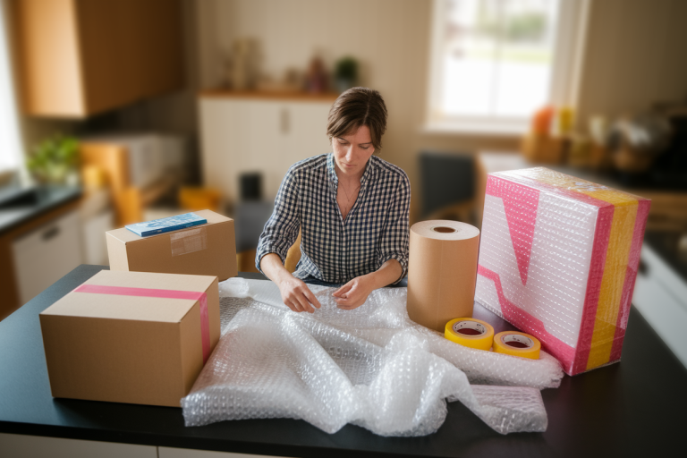 personne-table-cartons-papier-bulle