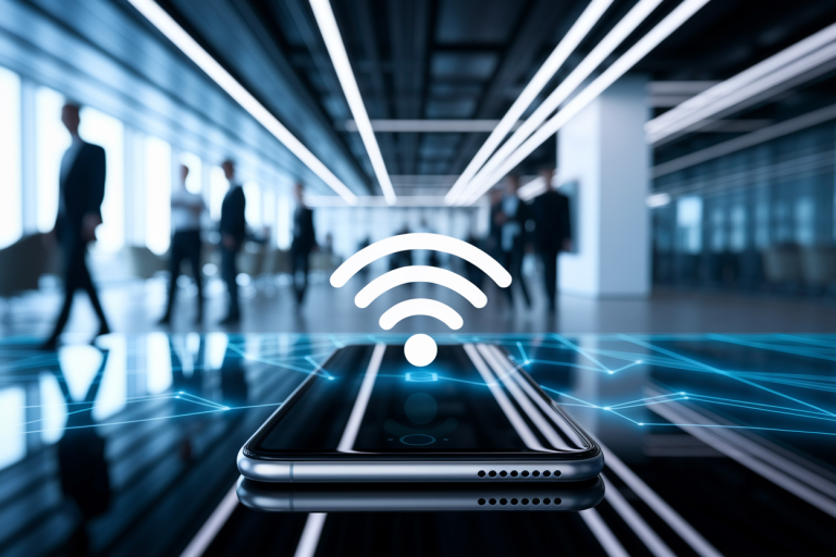 smartphone-icone-signal-bureau-futuriste-personnes-flou