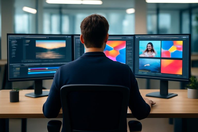 professionnel-bureau-ecrans-video-graphisme