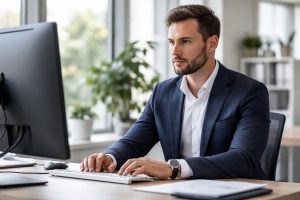 professionnel-bureau-ecran-serieux-plantes