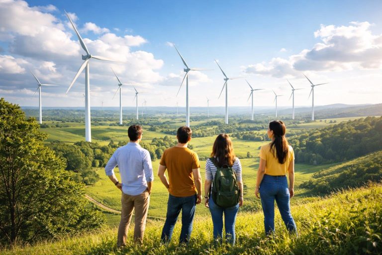 personnes-colline-champ-eoliennes-ciel-bleu