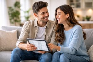 couple-jeune-canape-tablette-salon