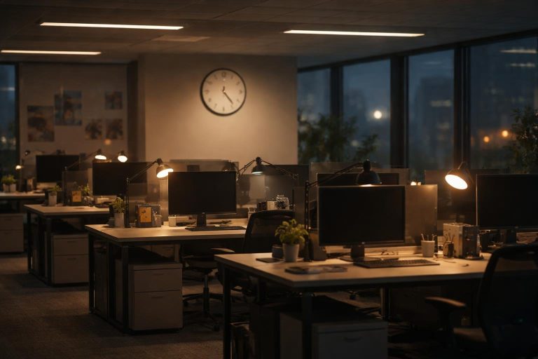 bureau-moderne-postes-vides-horloge